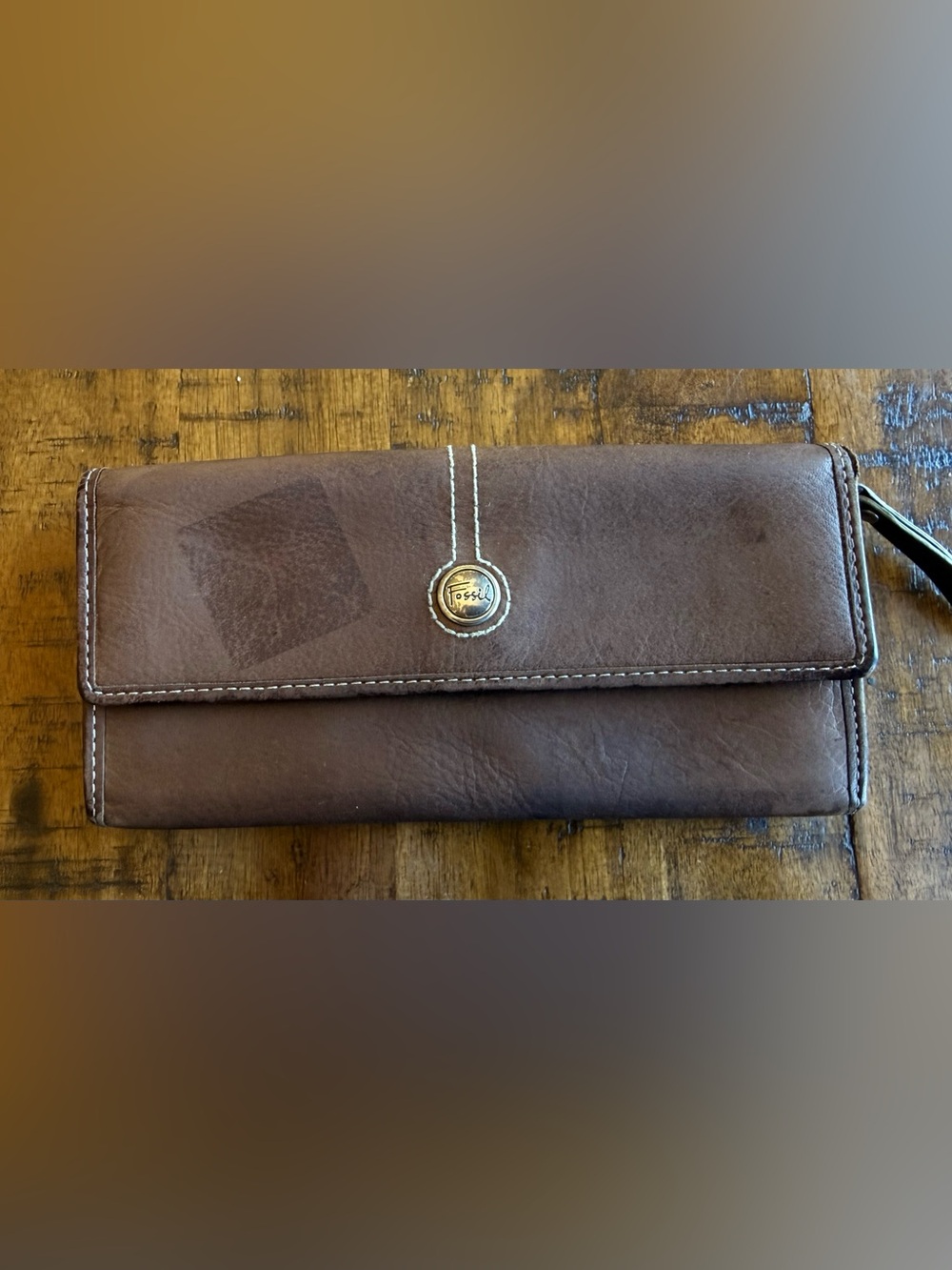 FOSSIL Brown Leather Long Wallet • Brass Logo